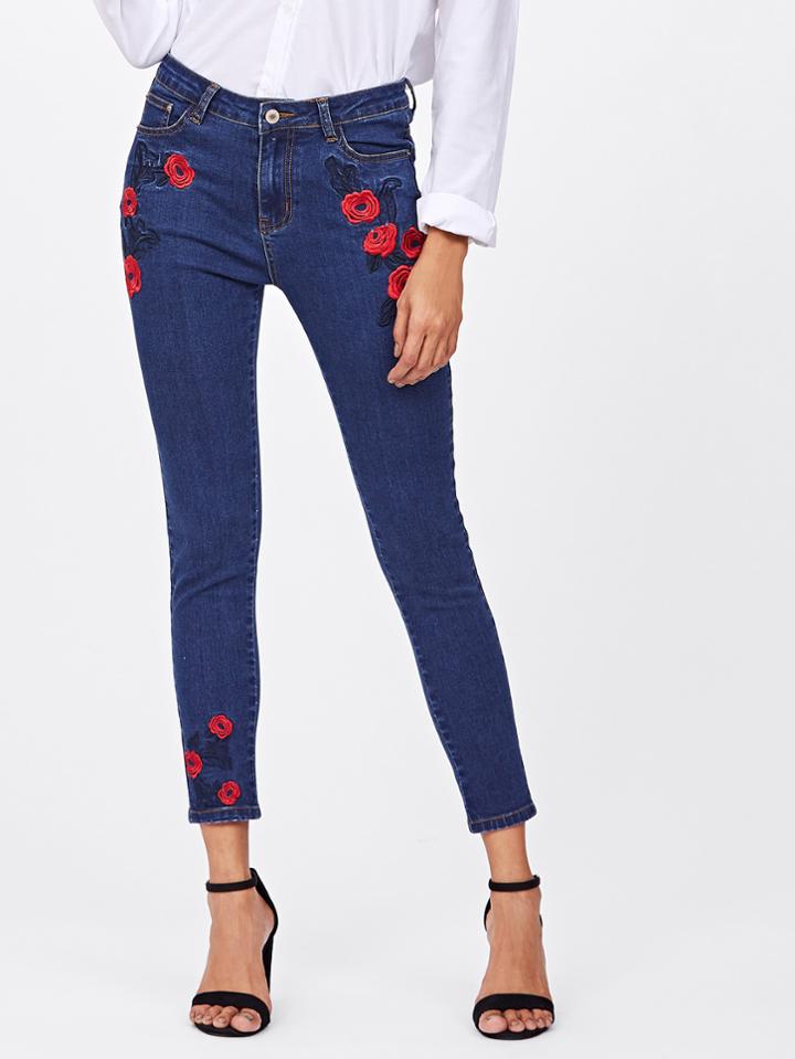Shein Dark Wash Rose Embroidered Jeans