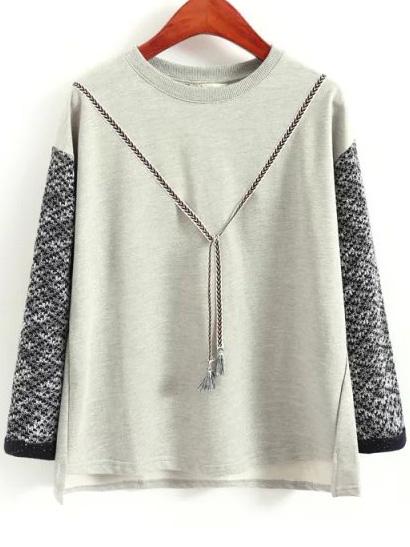 Shein Grey Round Neck Contrast Sweater Sleeve T-shirt