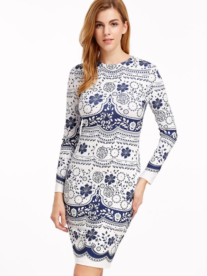 Shein Navy And White Flower Print Long Sleeve Sheath Dress