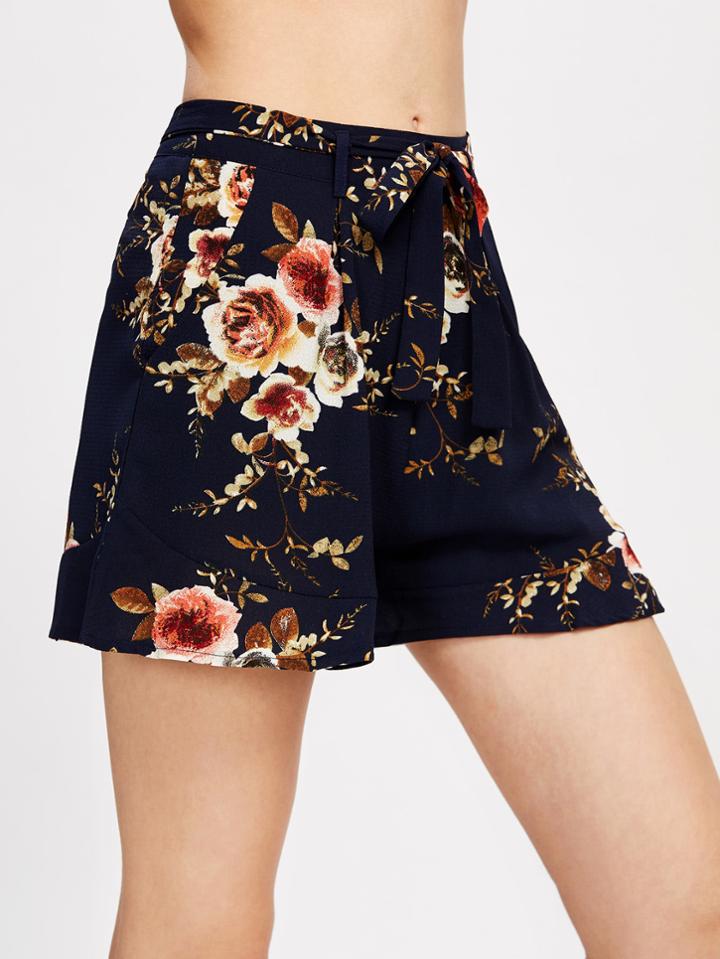 Shein Random Botanical Print Frill Hem Shorts