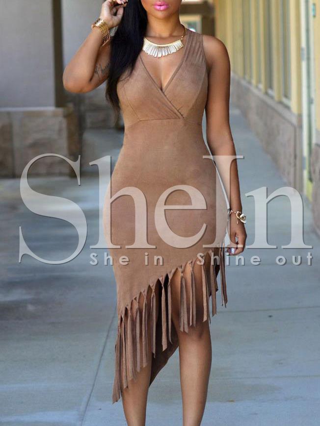 Shein Apricot Sleeveless Asymmetric Fringe Dress