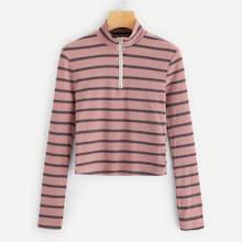 Shein Zip Front Ribbed Knit Striped Crop Tee