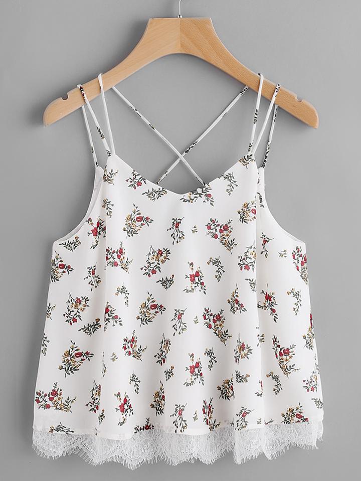 Shein Lace Trim Double Strap Crisscross Floral Cami Top
