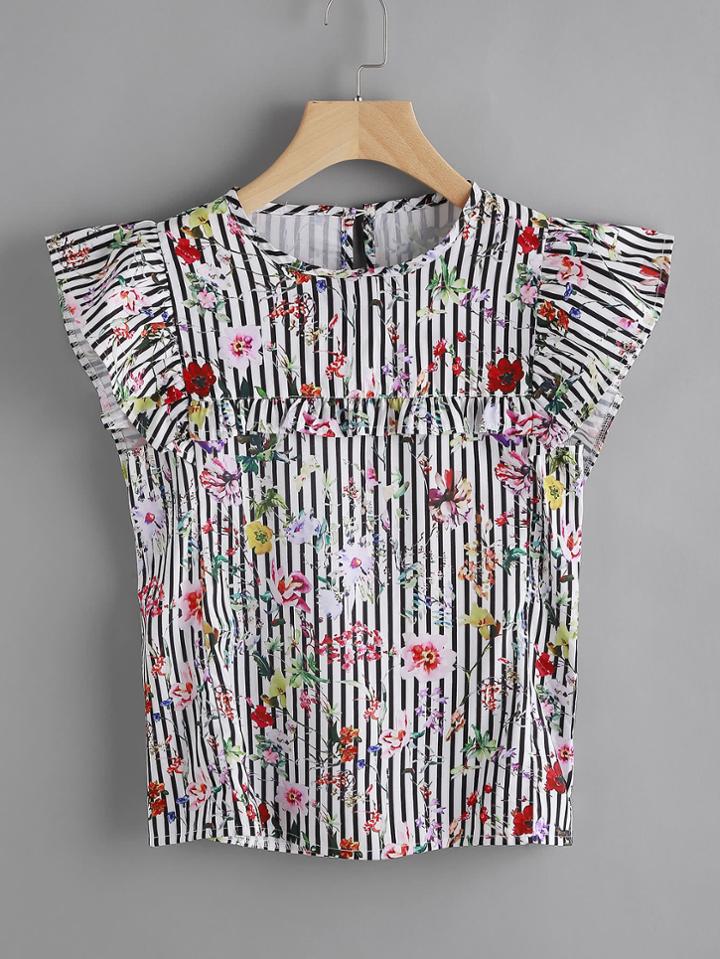 Shein Striped Calico Print Frill Trim Keyhole Back Top