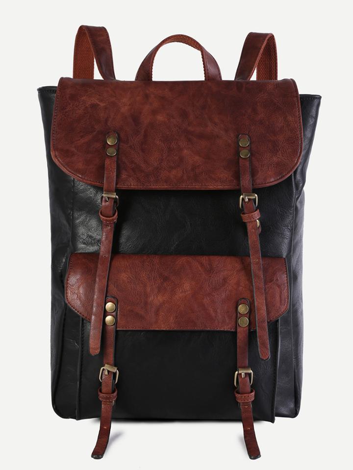 Shein Black Faux Leather Buckle Strap Flap Pocket Backpack