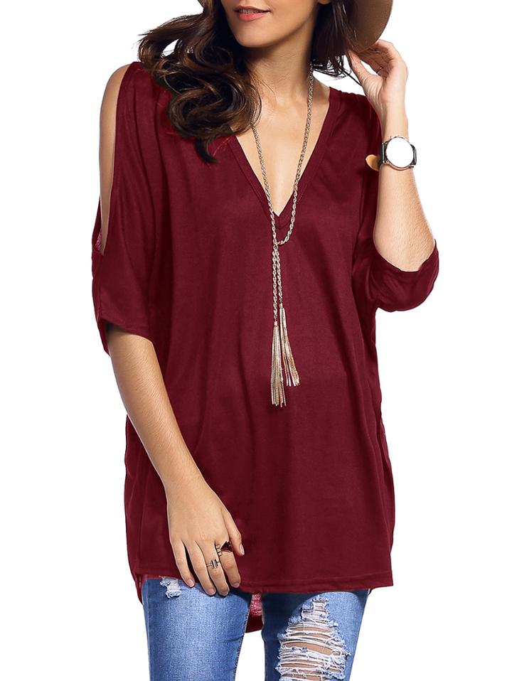 Shein Burgundy Deep V Neck Split Sleeve T-shirt