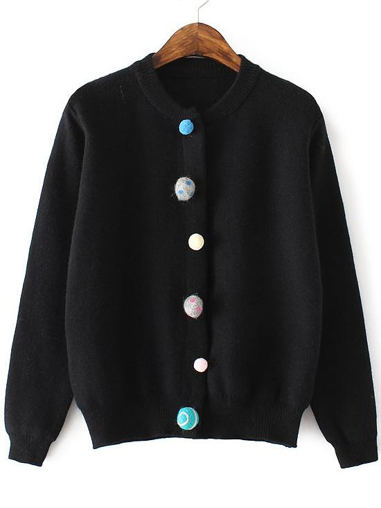 Shein Black Ribbed Trim Cardigan With Pom Pom Button