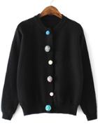 Shein Black Ribbed Trim Cardigan With Pom Pom Button