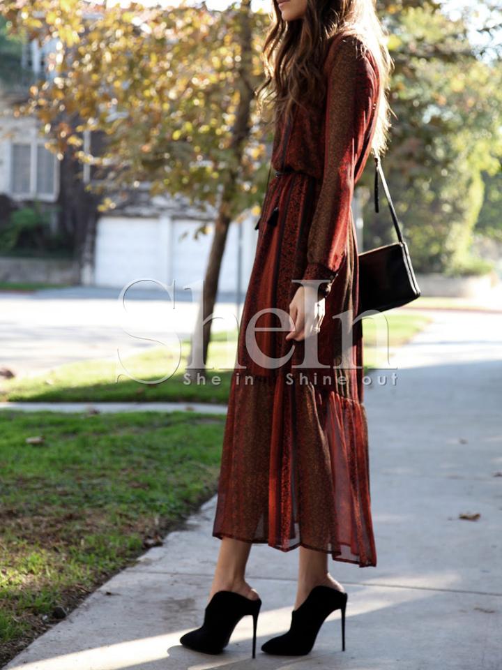 Shein Red Print Pleated Midi Dress