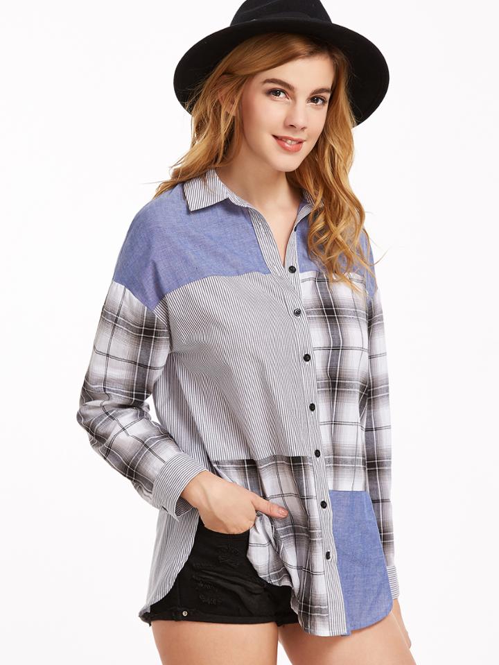 Shein Color Block Drop Shoulder Curved Hem Blouse