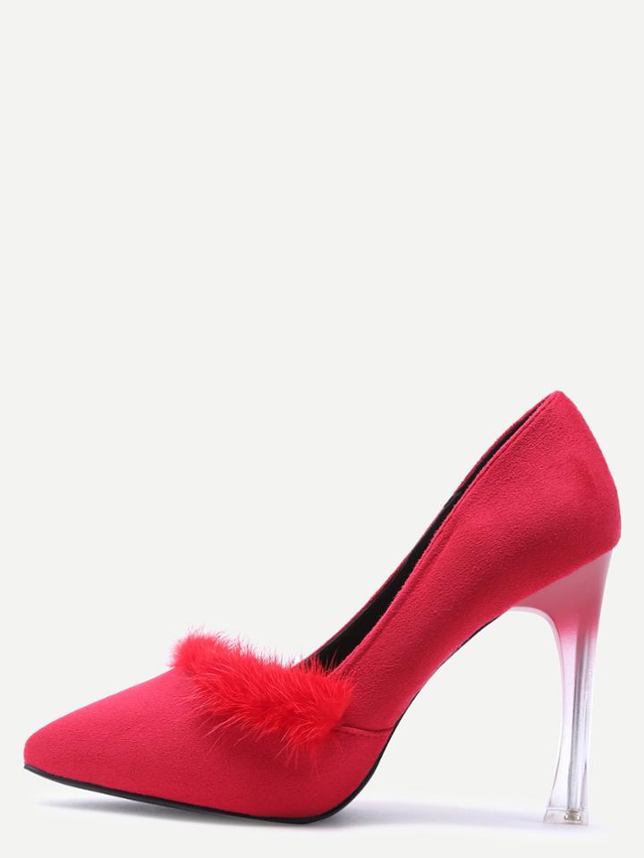 Shein Red Fur Trim Suede Sheer Heeled Pumps