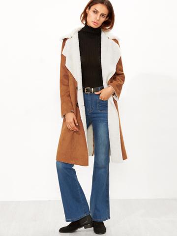 Shein Camel Faux Shearling Double Breasted Coat