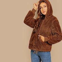 Shein Zip Half Placket Pocket Teddy Hoodie