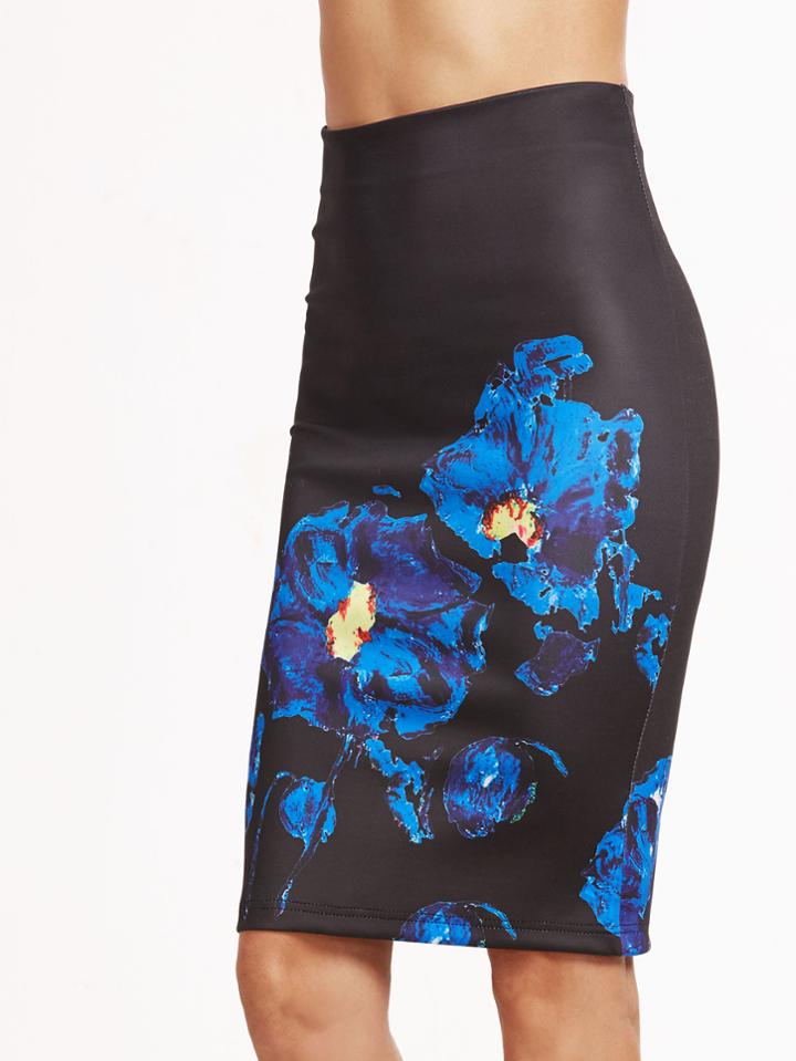 Shein Black Oil Painting Print Slit Back Pencil Skirt