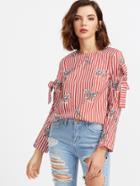 Shein Red Striped Crane Print Bow Embellished Blouse