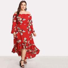 Shein Plus Elasticized Waist Flounce Dip Hem Bardot Dress