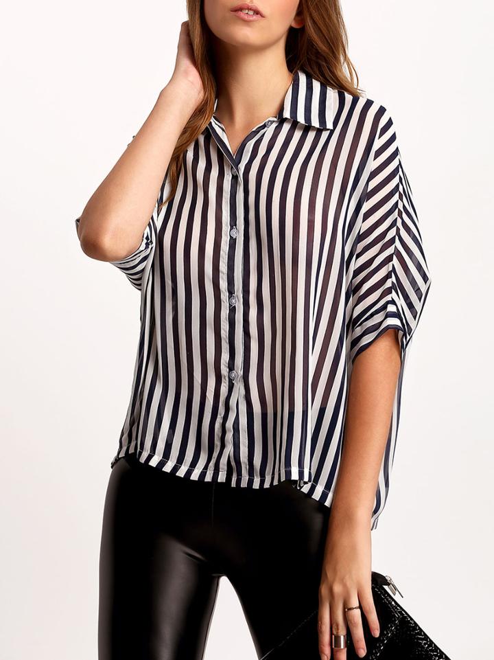 Shein Navy White Lapel Vertical Stripe Loose Blouse