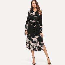 Shein Red-crowned Crane Self Belted Slit Hem Shirt Dress