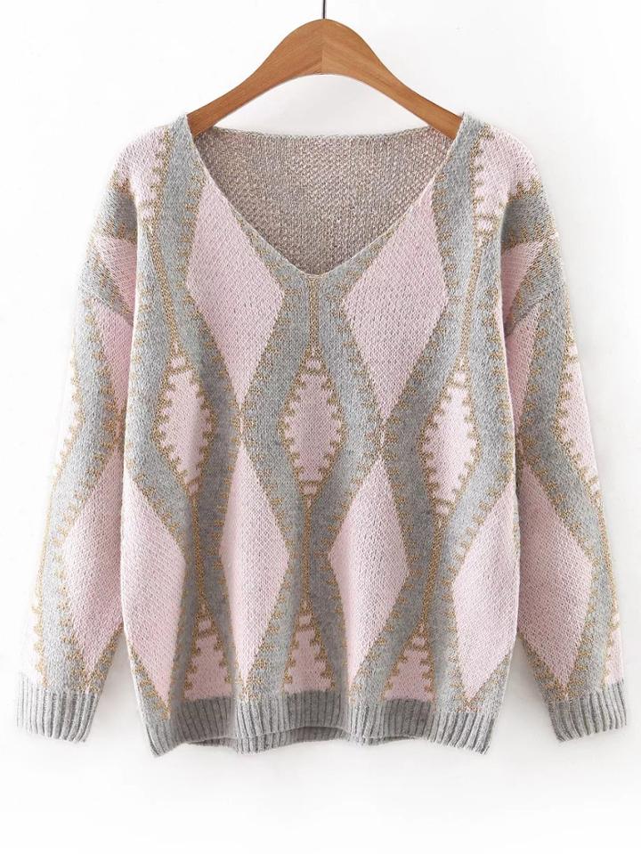 Shein Pink V Neck Geometric Printed Sweater