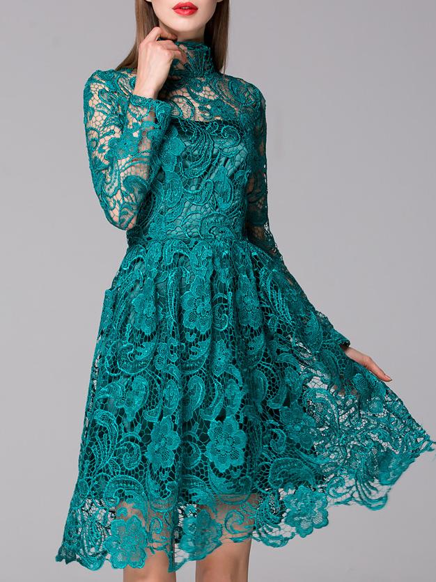 Shein Green Stand Collar Long Sleeve Crochet Lace Dress