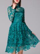 Shein Green Stand Collar Long Sleeve Crochet Lace Dress