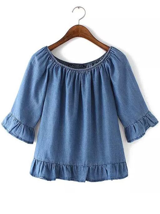 Shein Blue Boat Neck Ruffle Denim Blouse