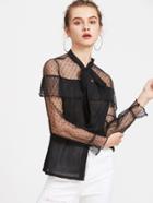 Shein Tie Neck Contrast Lace Frill Blouse