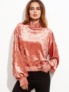 Shein Watermelon Red Velvet High Neck Lantern Sleeve Peplum Blouse