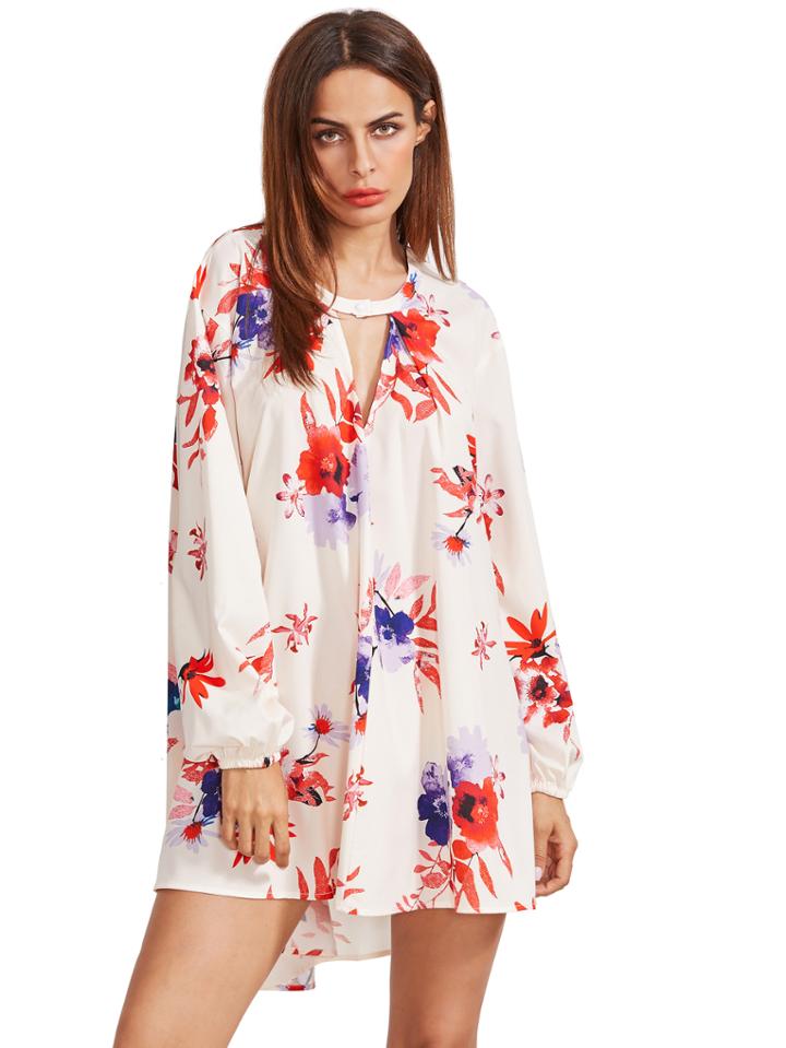 Shein Beige Cut Out Front Floral Dress