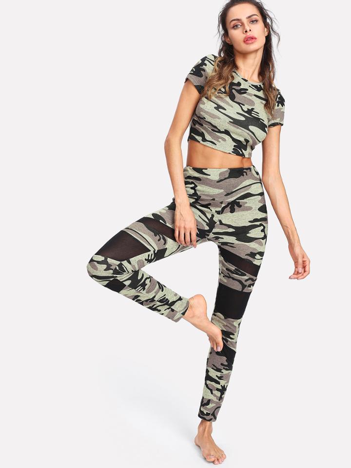 Shein Camo Crop Top & Mesh Insert Leggings Set