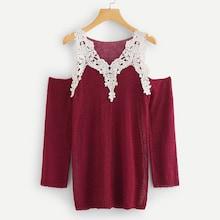 Shein Contrast Lace Applique Soft Knit Cold Shoulder Sweater