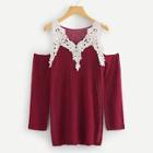 Shein Contrast Lace Applique Soft Knit Cold Shoulder Sweater