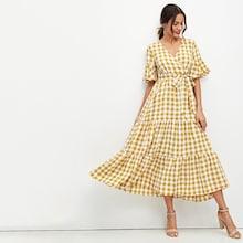 Shein Flounce Sleeve Tie Waist Surplice Wrap Plaid Dress