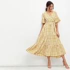 Shein Flounce Sleeve Tie Waist Surplice Wrap Plaid Dress