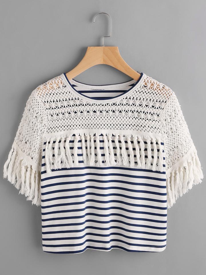 Shein Striped Crochet Shoulder Tassel Trim T-shirt