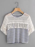 Shein Striped Crochet Shoulder Tassel Trim T-shirt
