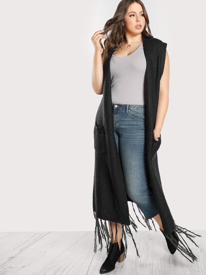 Shein Longline Knitted Fringe Vest Cardigan Charcoal