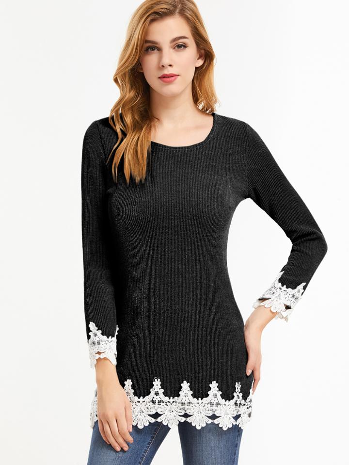 Shein Black Contrast Crochet Ribbed T-shirt