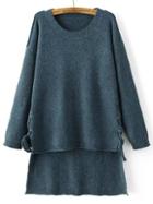 Shein Blue Drop Shoulder Lace Up High Low Sweater