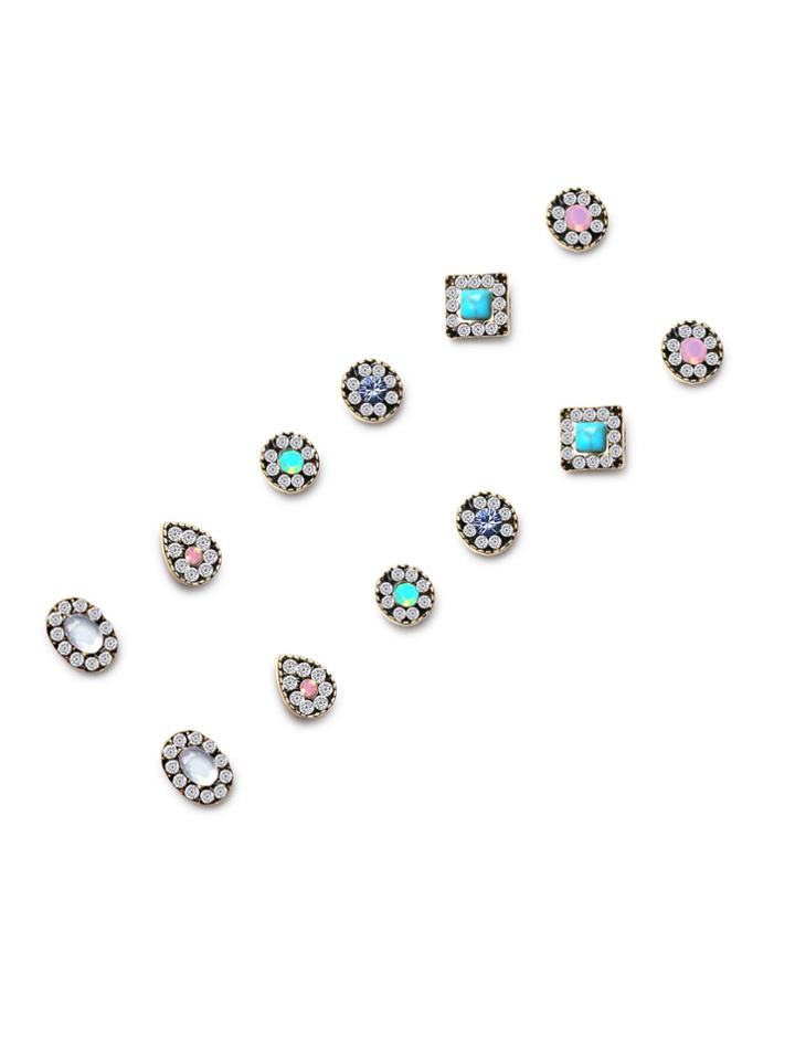 Shein Gold Tone Gem Inlay Multi Shape Stud Earring Set