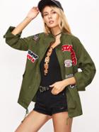 Shein Army Green Embroidery Patch Drawstring Detail Jacket