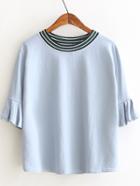 Shein Blue Knit Neck Ruffle Sleeve T-shirt