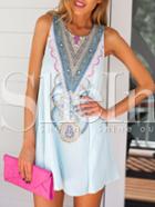Shein Light Blue Sleeveless Necklace Patterm Ruffle Dress