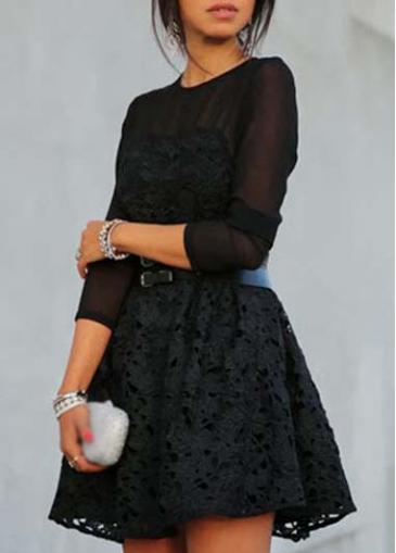 Rosewe Lace And Mesh Splicing Black A Line Dress