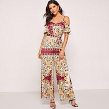 Shein Waist Belted Patchwork Print Cami Jumpsuit