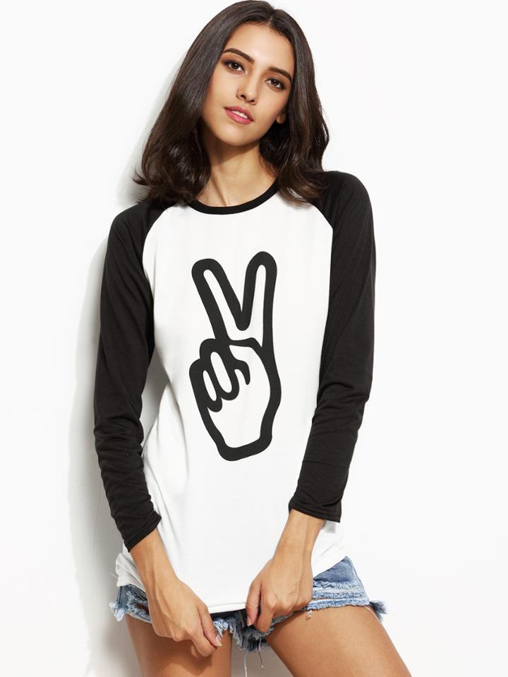 Shein Gesture Print Contrast Raglan Sleeve Pocket T-shirt