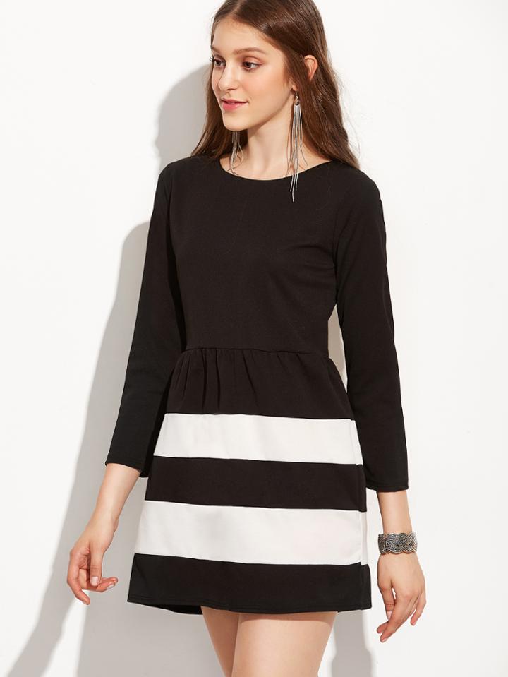 Shein Black White Color Block A Line Long Sleeve Dress