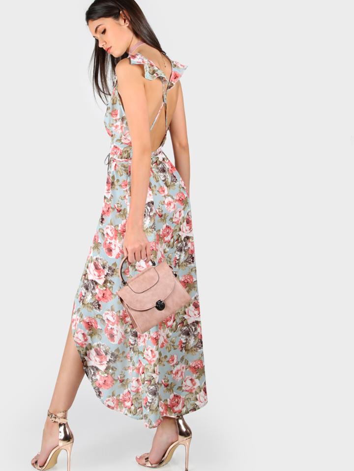 Shein Plunge Rose Print Asymmetric Crisscross Back Dress