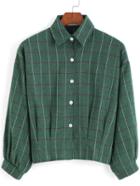 Shein Green Lapel Checks Plaid Buttons Crop Blouse