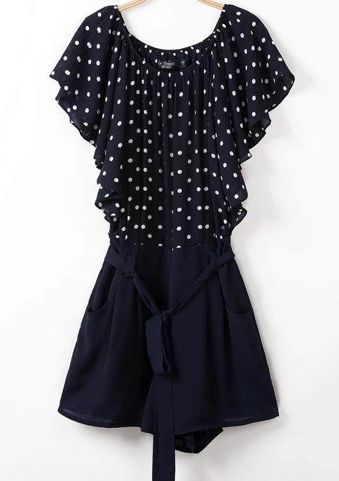 Shein Navy Short Sleeve Polka Dot Chiffon Jumpsuit